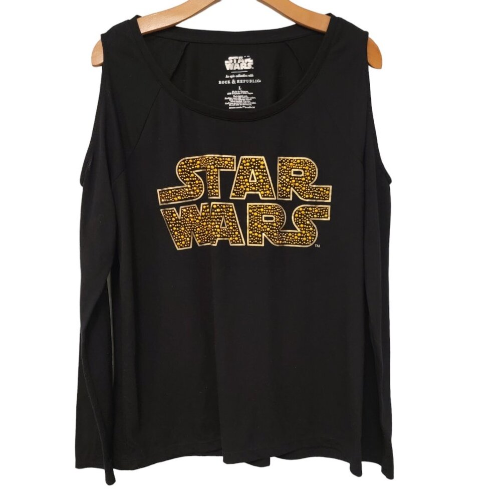 Rock & Republic Star Wars Top Cold Shoulder Size Large Bling Lettering Black